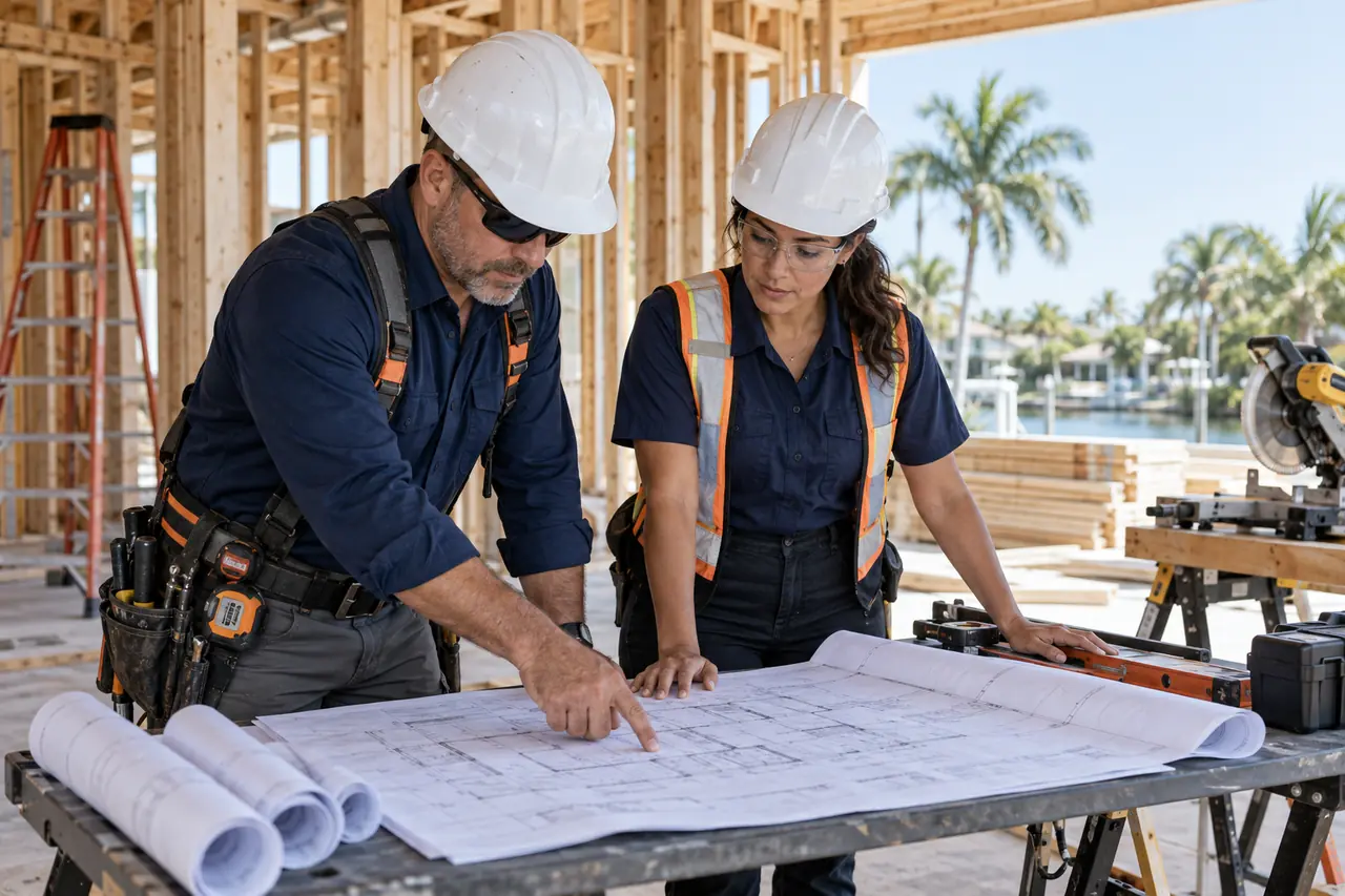 Contratistas independientes revisando planos en una obra residencial de South Florida