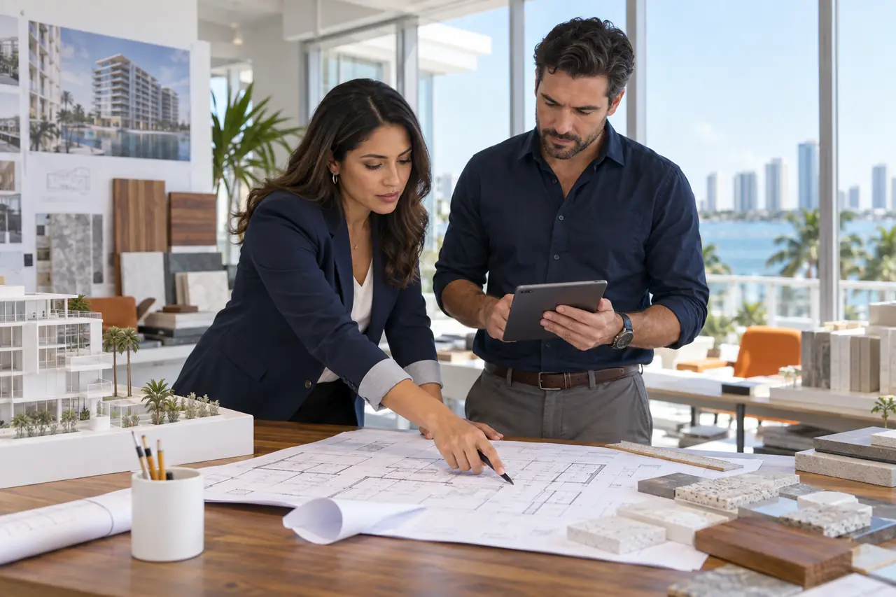 Arquitecta e ingeniero coordinando planos y correcciones de código en un estudio