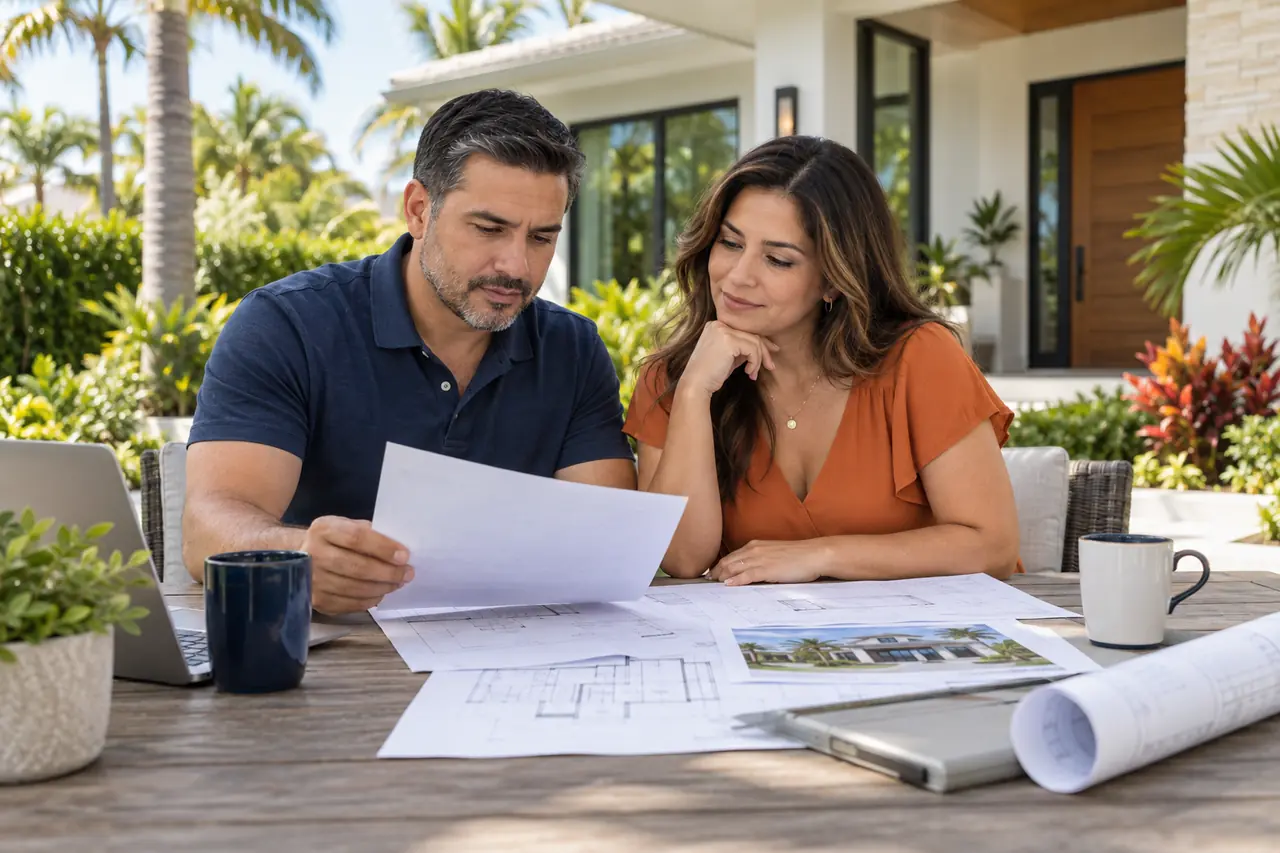 Familia propietaria revisando documentos frente a su vivienda en South Florida