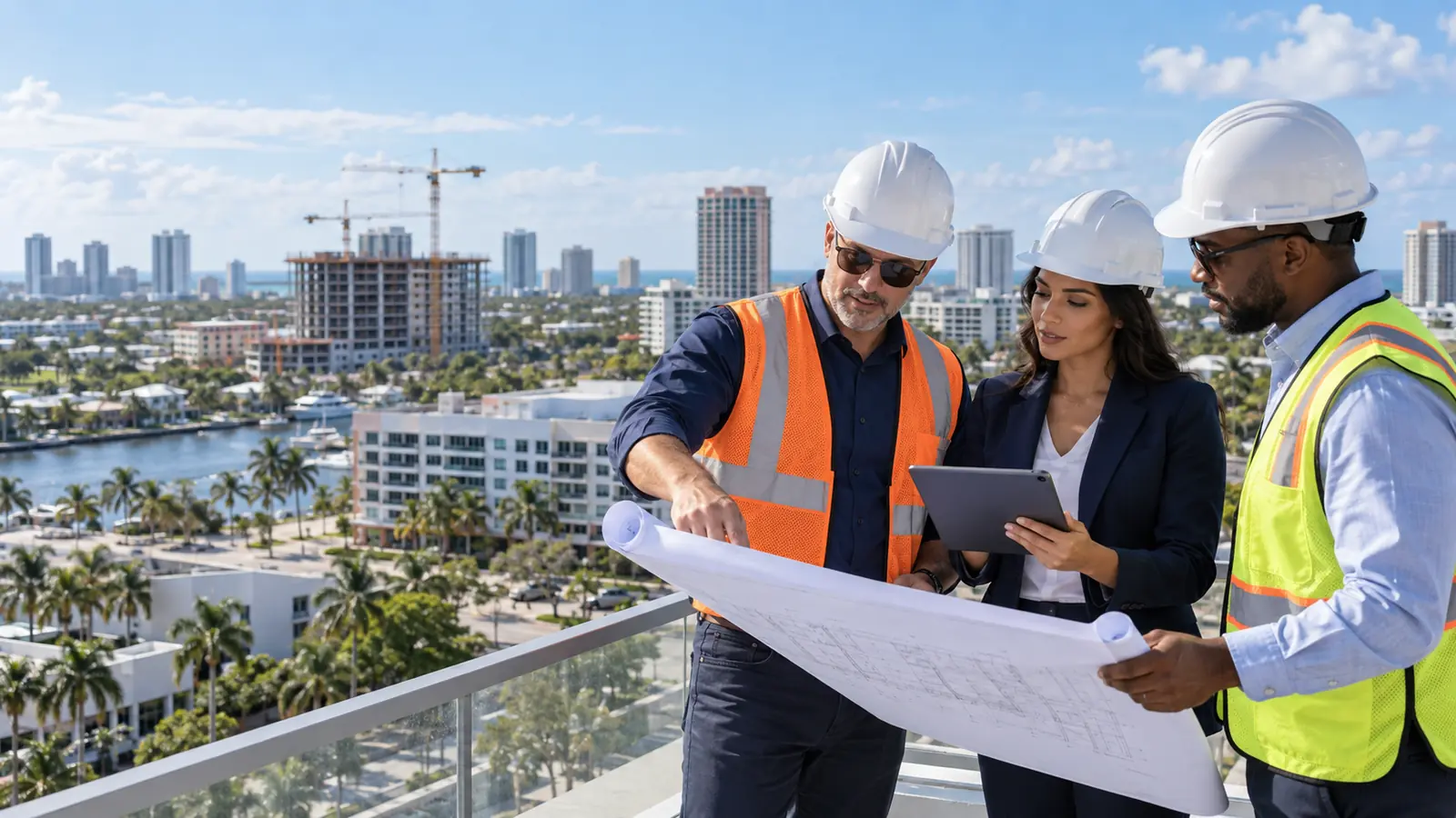 Profesionales revisando planos y documentación de permisos en un entorno urbano de Broward County