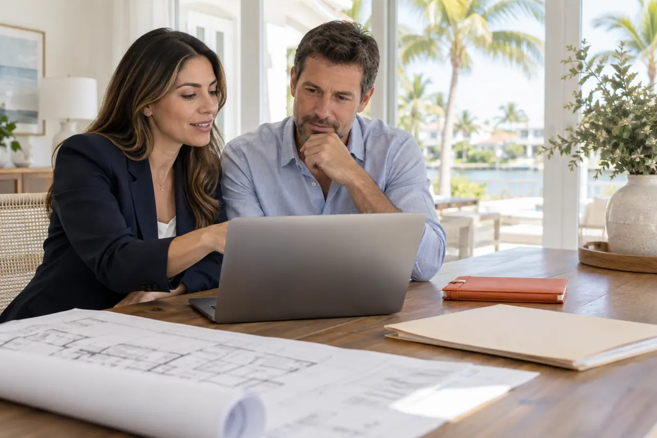 Profesional inmobiliaria y propietario investigando el historial de una propiedad